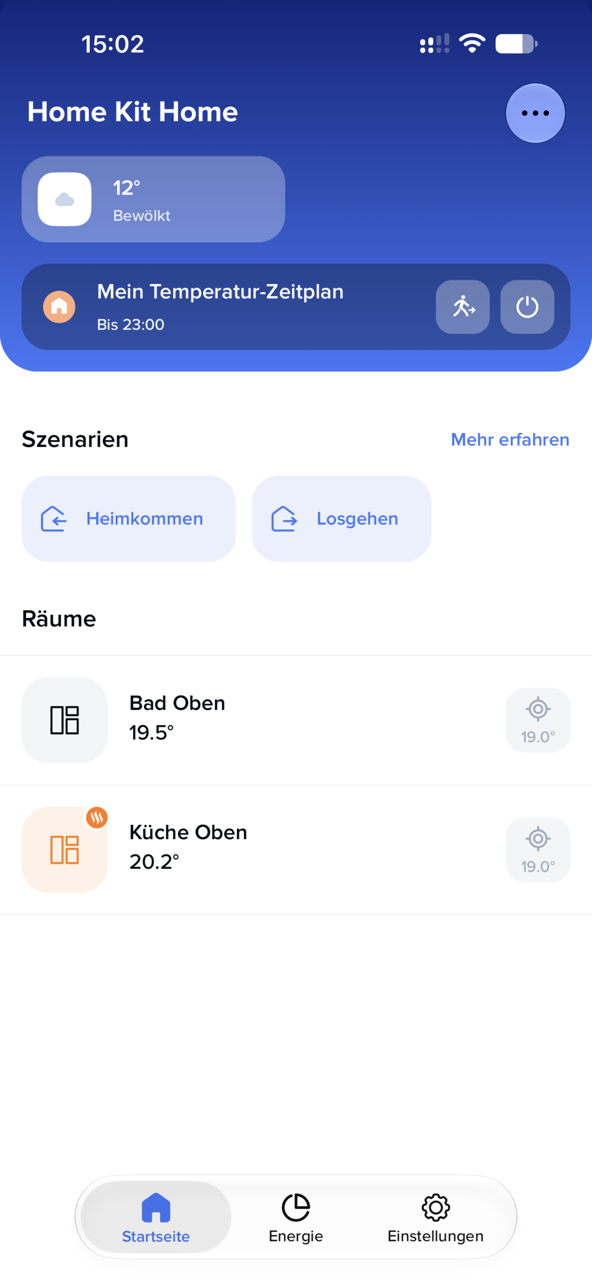 Netatmo Heizkörperthermostat Test: Endlich Matter, aber nur mit Hub Home+Control-Startseite: Bad Oben 19,5 Grad, Küche Oben 20,2 Grad, Zeitplan bis 23 Uhr