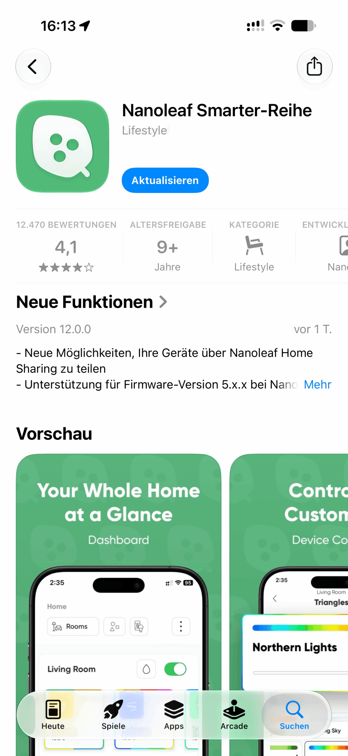 Nanoleaf Adaptive Lighting: Ist die Firmware 5.1.45 schon da? Nanoleaf-App im App Store mit Aktualisieren-Button für Version 12.0.0