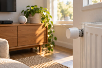 KI-generiertes Bild: Heizkörperthermostat am Heizkörper, im Hintergrund Streaming-Box und Smart Speaker auf dem Sideboard