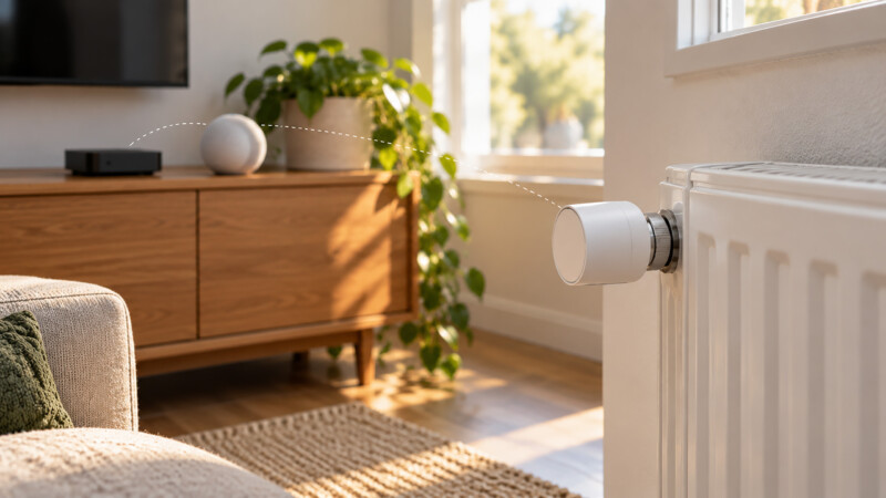 KI-generiertes Bild: Heizkörperthermostat am Heizkörper, im Hintergrund Streaming-Box und Smart Speaker auf dem Sideboard