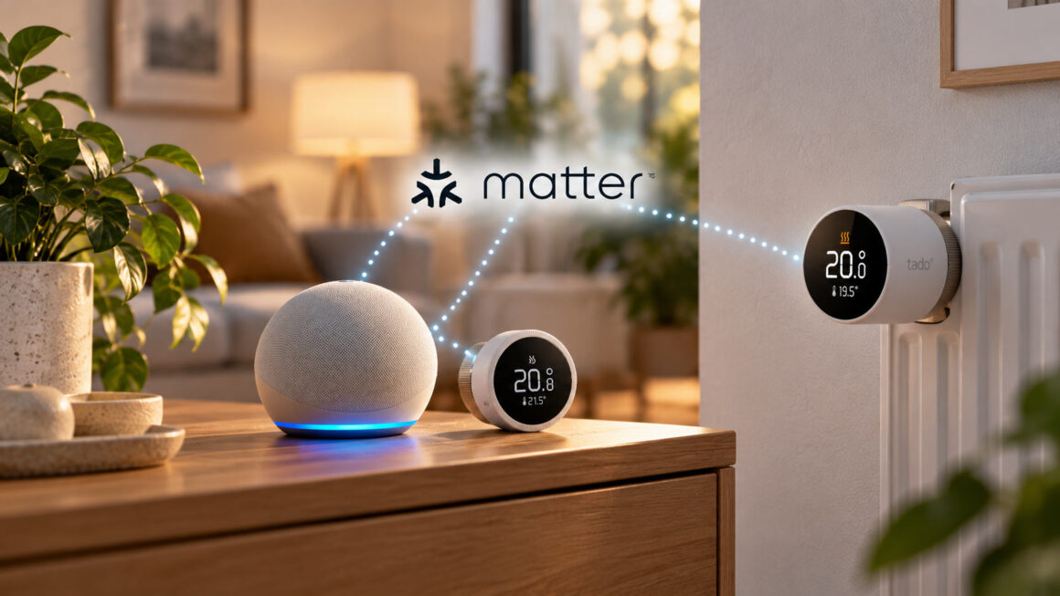 Matter Hub für Thermostate: Meistens steht er schon bei dir KI-generiertes Bild: Smart Speaker und zwei Heizkörperthermostate im Wohnzimmer, die per Matter vernetzt sind