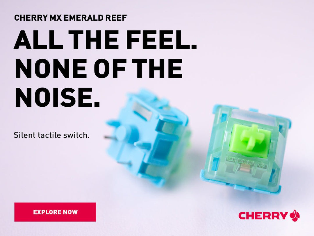 Cherry MX Emerald Reef: Premiere in Frankfurt, kaufen geht noch nicht Cherry MX Emerald Reef Banner von Cherry: zwei Switches mit blauem Gehäuse und grünem Stem, Slogan All the feel, none of the noise