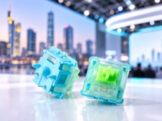 Cherry MX Emerald Reef Switches mit grünem Stem vor der Frankfurter Skyline, KI-generiertes Symbolbild zur Mechanicon-Premiere