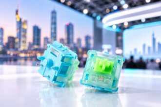 Cherry MX Emerald Reef Switches mit grünem Stem vor der Frankfurter Skyline, KI-generiertes Symbolbild zur Mechanicon-Premiere