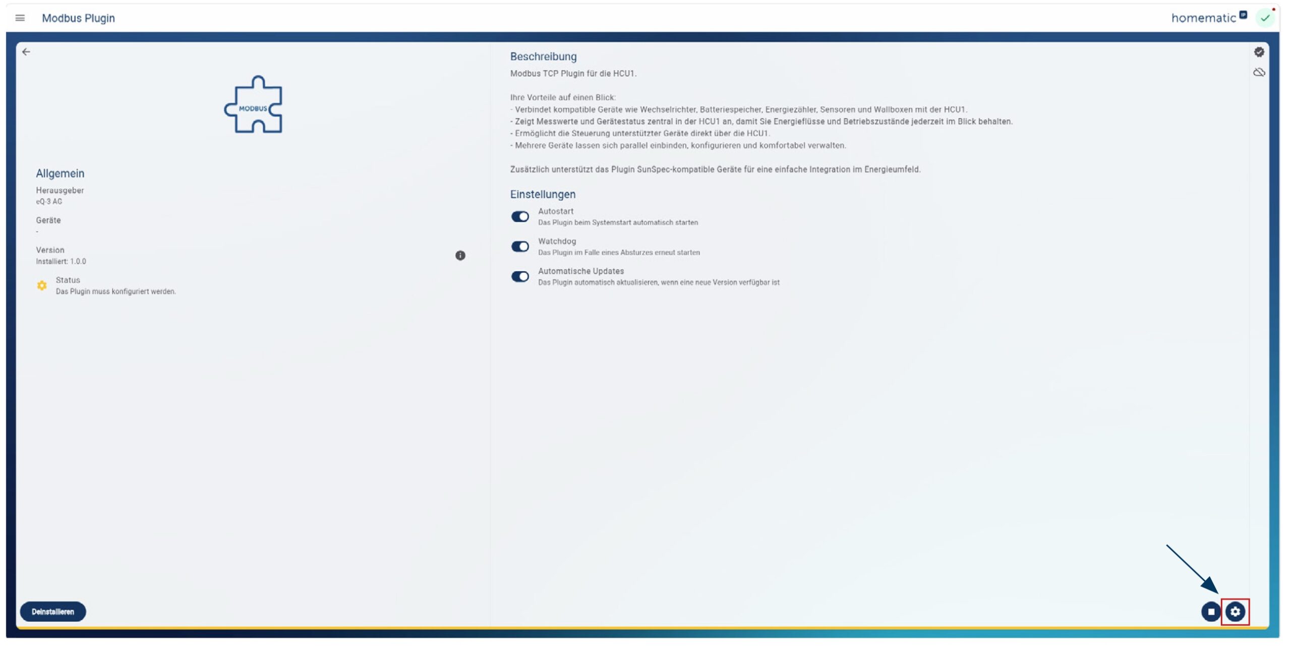 Homematic IP MQTT und Modbus kommen, aber nur als Einbahnstraße Screenshot des Modbus-Plugins in der HCUweb-Oberfläche der Homematic IP Home Control Unit mit Beschreibung und Einstellungen
