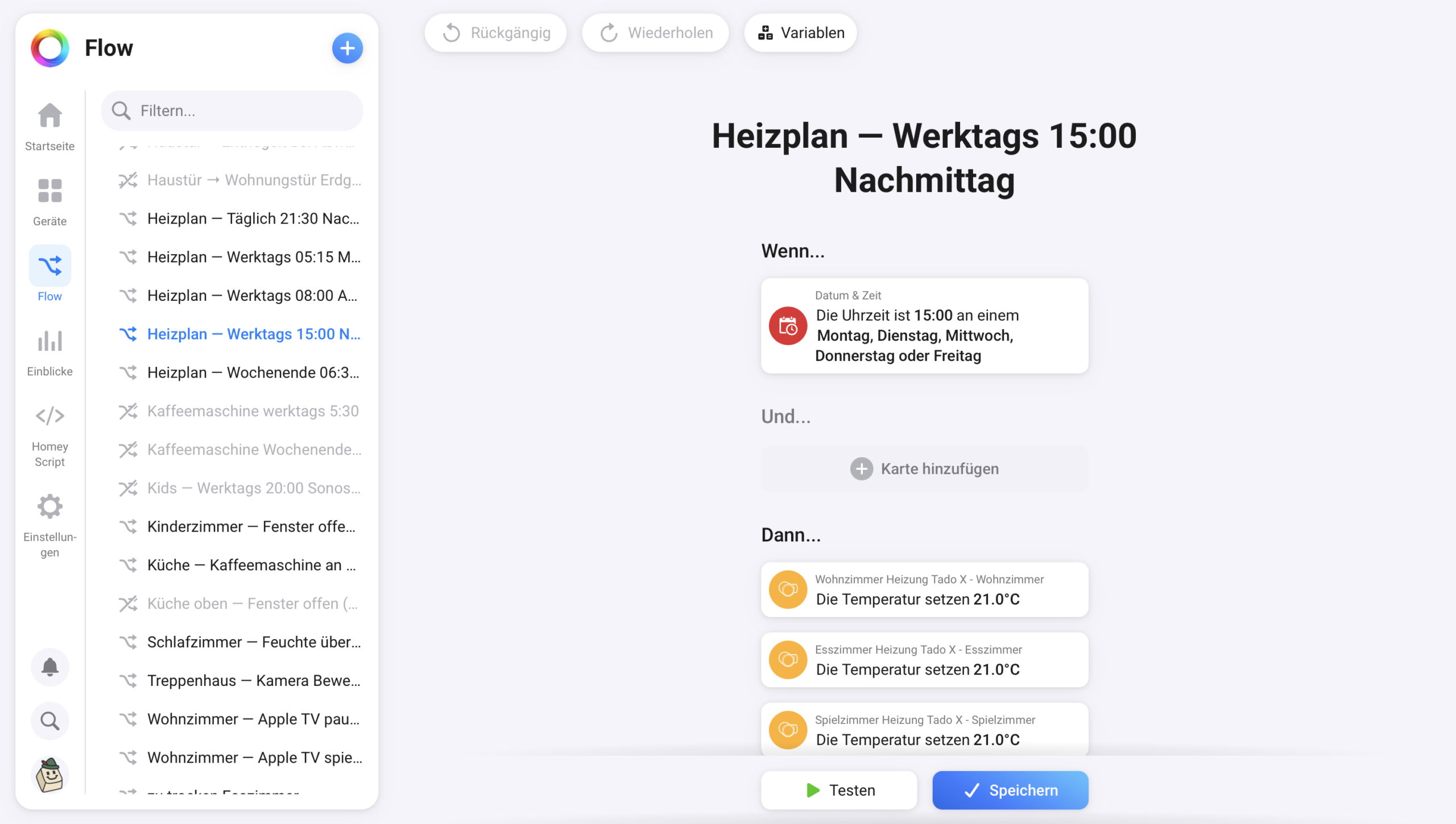Heizung smart machen: Die drei Wege und der beste Start Heizung smart machen per Homey-Flow: Heizplan werktags 15:00 Uhr setzt tado X in drei Räumen auf 21 Grad