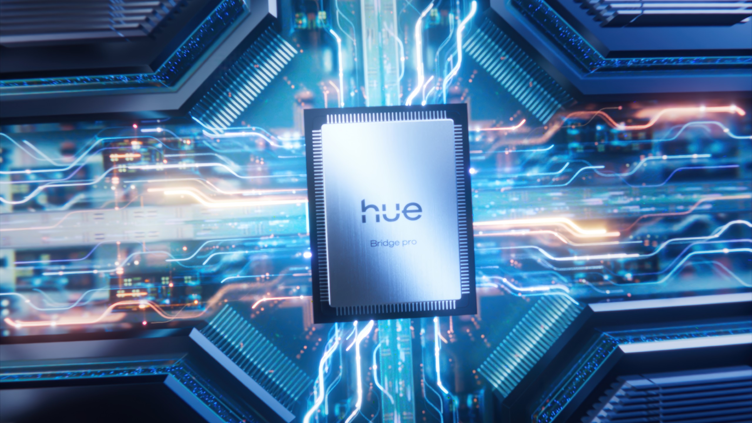 Hue Custom AI Behaviors: Die Bridge Pro ist bereit, die KI noch nicht Hue Custom AI Behaviors: Chip der Hue Bridge Pro mit Hue-Logo