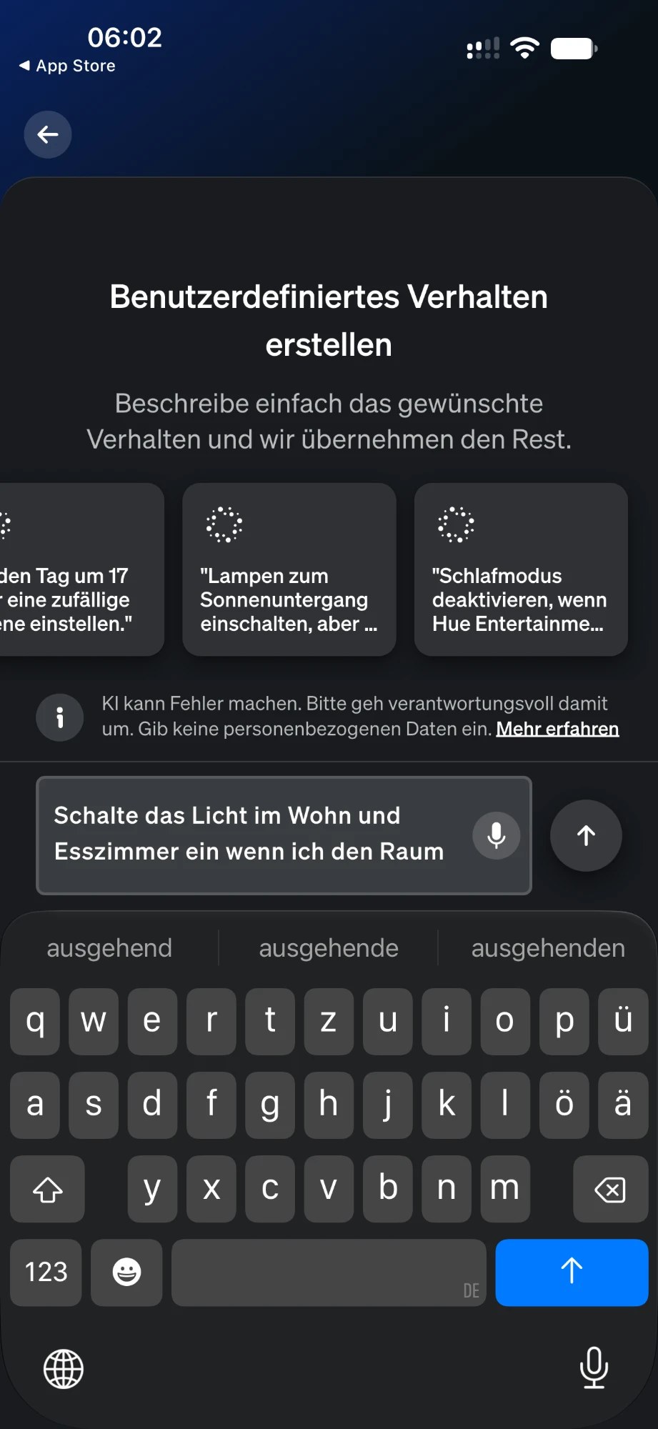 Hue-App: Benutzerdefiniertes Verhalten erstellen mit drei Beispiel-Prompts und Eingabefeld
