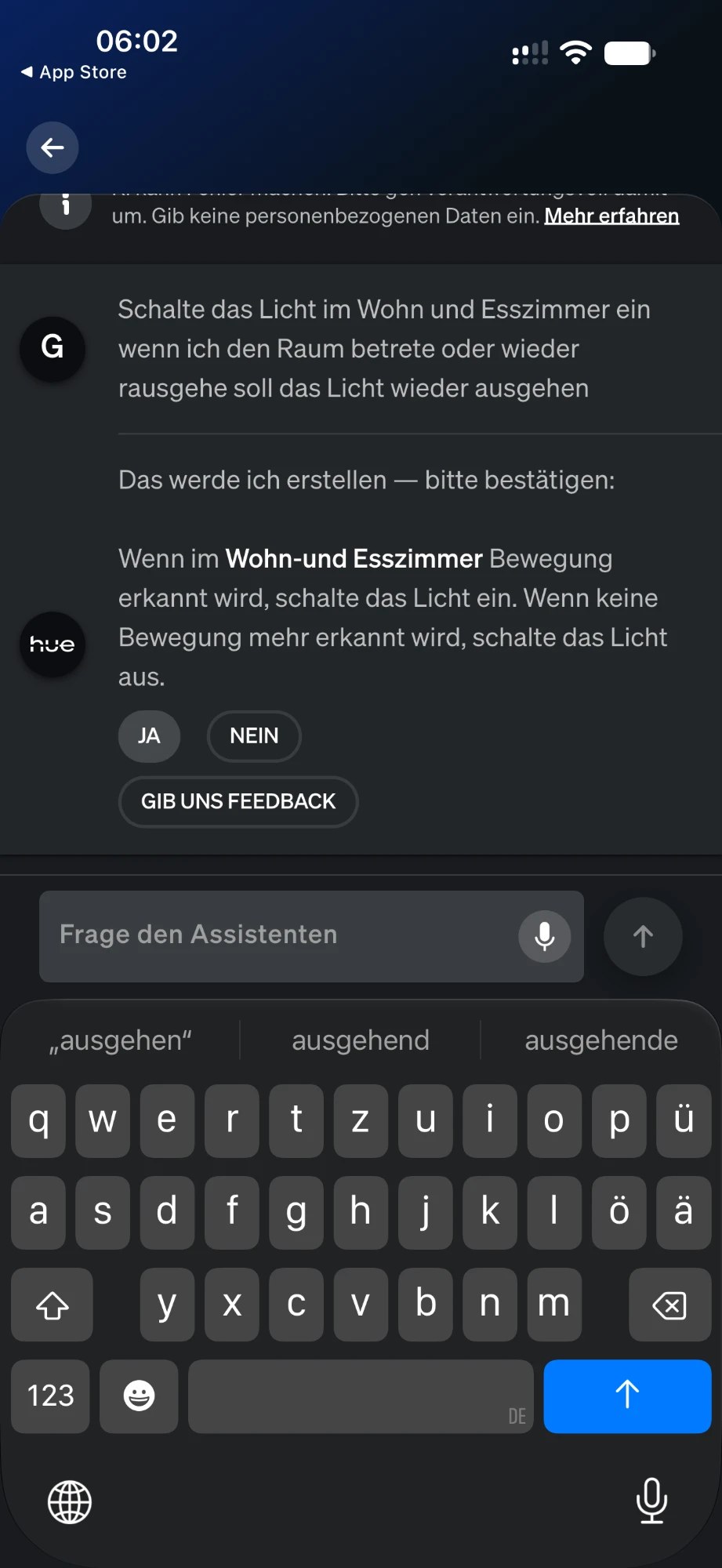 Hue KI-Assistent übersetzt den Satz zum Bewegungslicht im Wohn- und Esszimmer in eine Automation zum Bestätigen