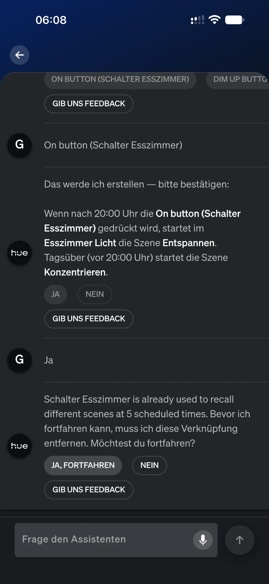 Hue KI-Assistent warnt, dass der Schalter Esszimmer bereits fünf Zeitpläne hat und die Verknüpfung entfernt werden muss