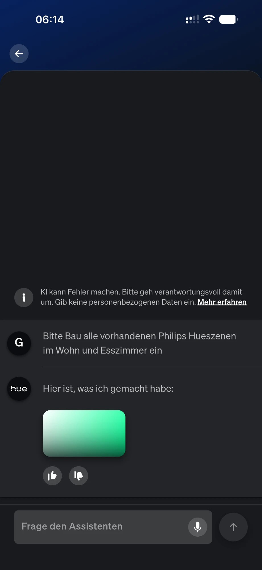 Hue KI-Assistent antwortet auf die Bitte, alle Szenen einzubauen, nur mit einer leeren grünen Karte