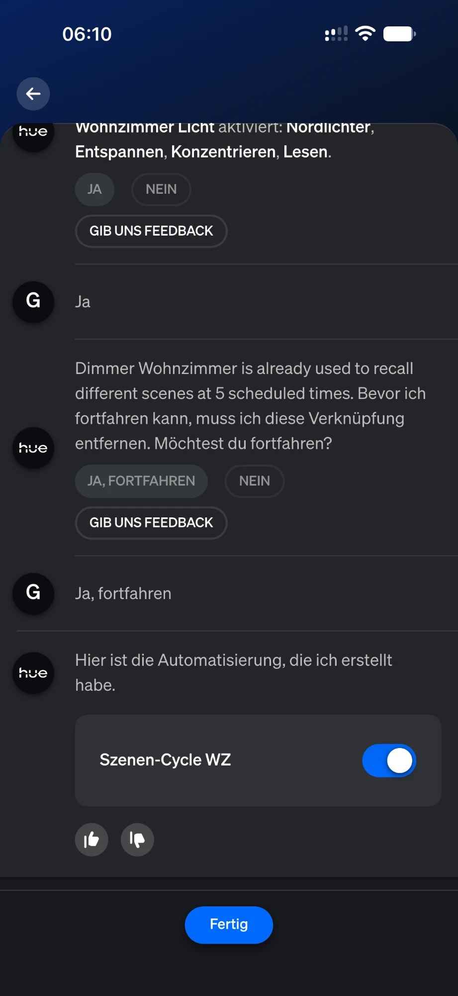 Hue KI-Assistent legt nach dem Entfernen der alten Dimmer-Belegung die Automation Szenen-Cycle WZ an