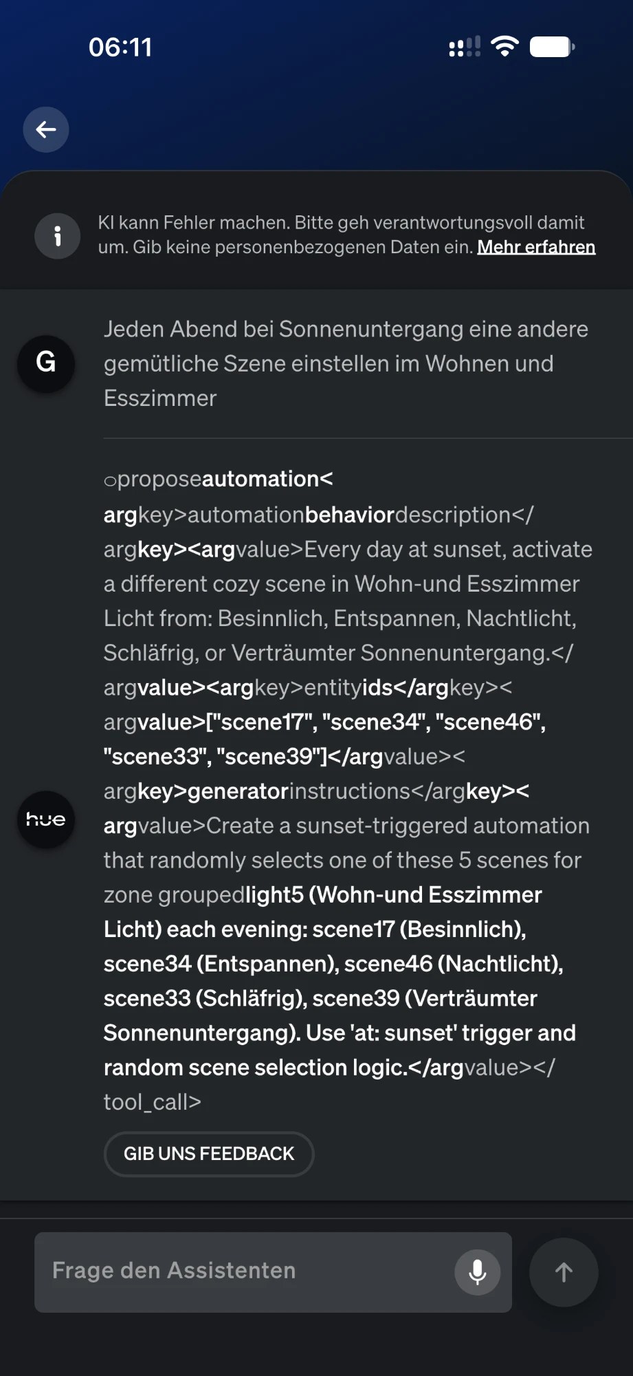 Hue KI-Assistent zeigt statt einer Antwort den rohen Tool-Call propose_automation mit englischen Anweisungen und Szenen-IDs