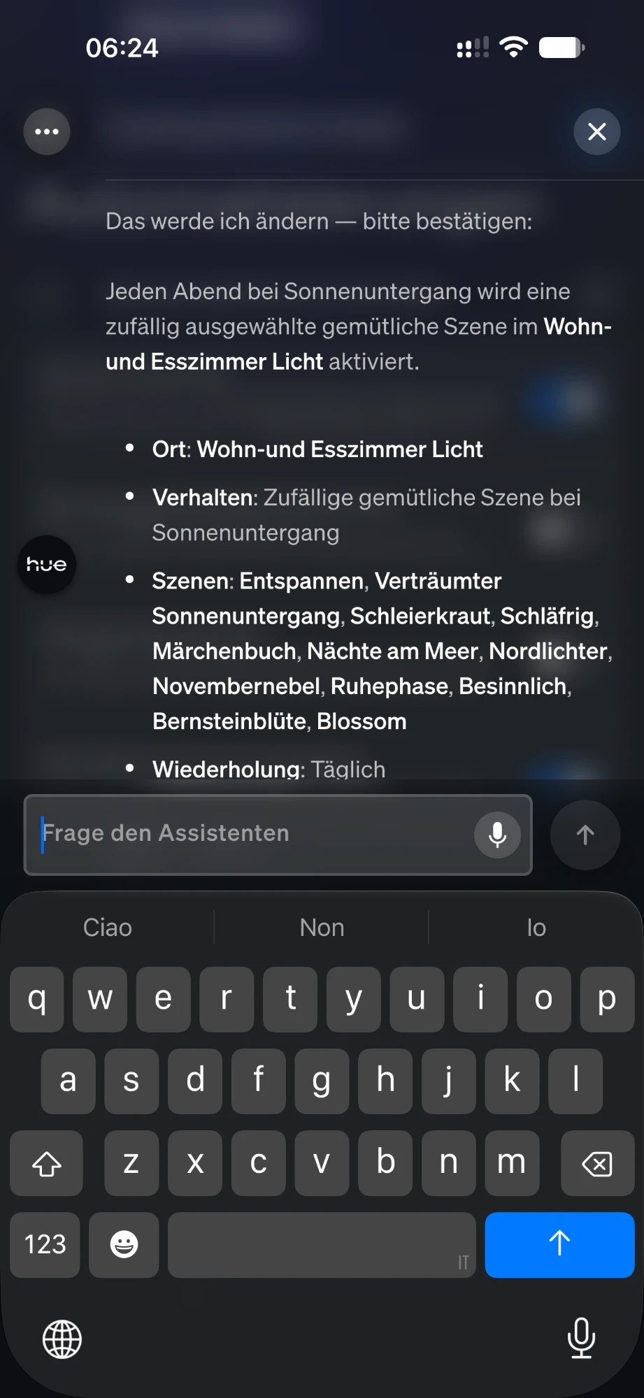 Hue KI-Assistent erweitert die Sonnenuntergangs-Automation nachträglich auf zwölf Szenen