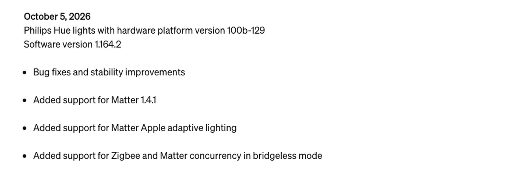 Hue Adaptive Lighting ohne Bridge funktioniert, Zigbee parallel nicht Hue Adaptive Lighting ohne Bridge: Signifys Release Notes vom 5. Oktober 2026 zur Lampen-Firmware 1.164.2 mit Matter 1.4.1 und Apple Adaptive Lighting