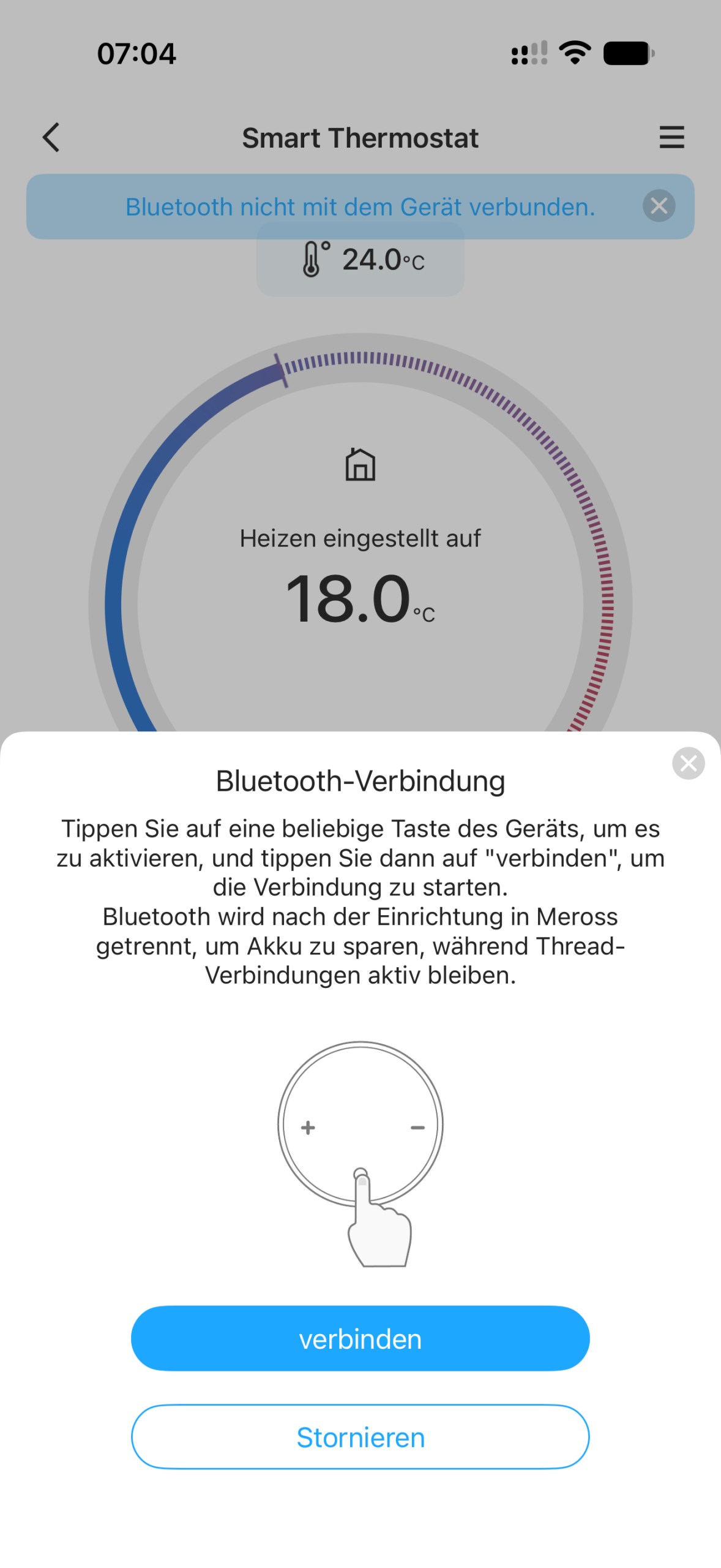 Meross-App mit Dialog zur Bluetooth-Verbindung und der Meldung, dass Bluetooth nicht mit dem Gerät verbunden ist