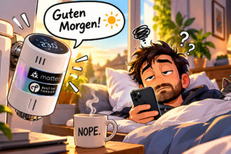 Meross MTS155 im Test: Comic eines müden Mannes im Bett, das Thermostat am Heizkörper ruft Guten Morgen, auf der Tasse steht Nope