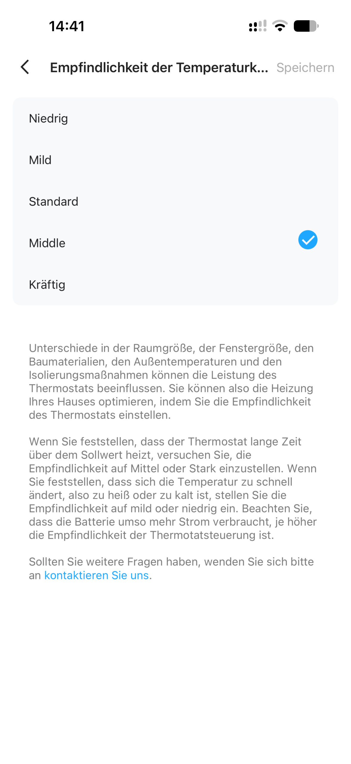 Meross-App: Empfindlichkeit der Temperaturkontrolle mit den Stufen Niedrig, Mild, Standard, Middle und Kräftig