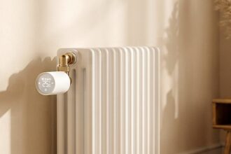 Meross Heizkörperthermostat MTS155 mit Matter over Thread an einem weißen Heizkörper