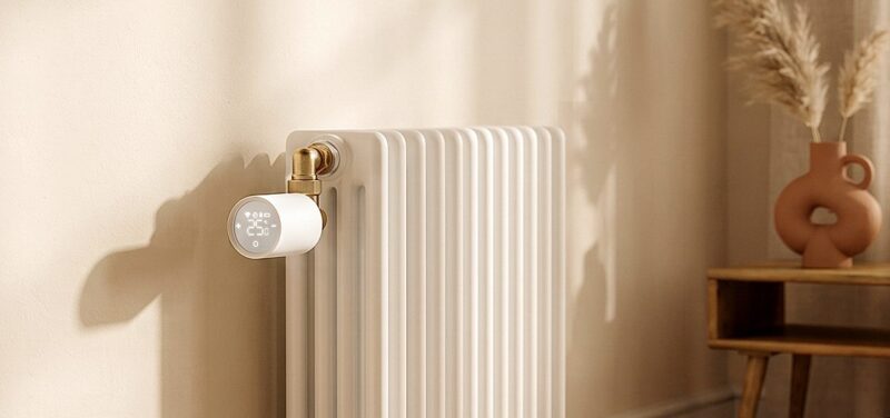 Meross Heizkörperthermostat MTS155 mit Matter over Thread an einem weißen Heizkörper