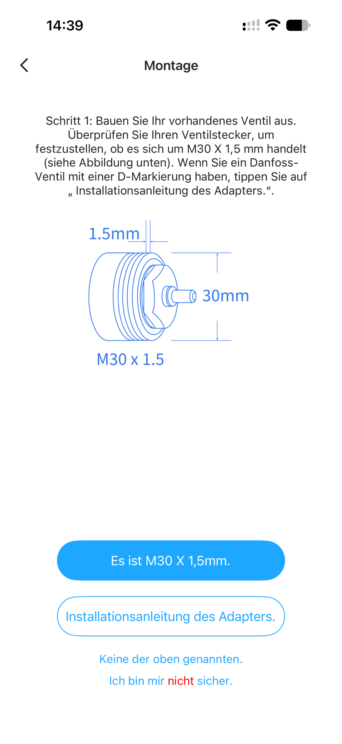Meross-App: Montage, Schritt 1 mit dem Ventilgewinde M30 x 1,5 und der Frage nach dem Adapter