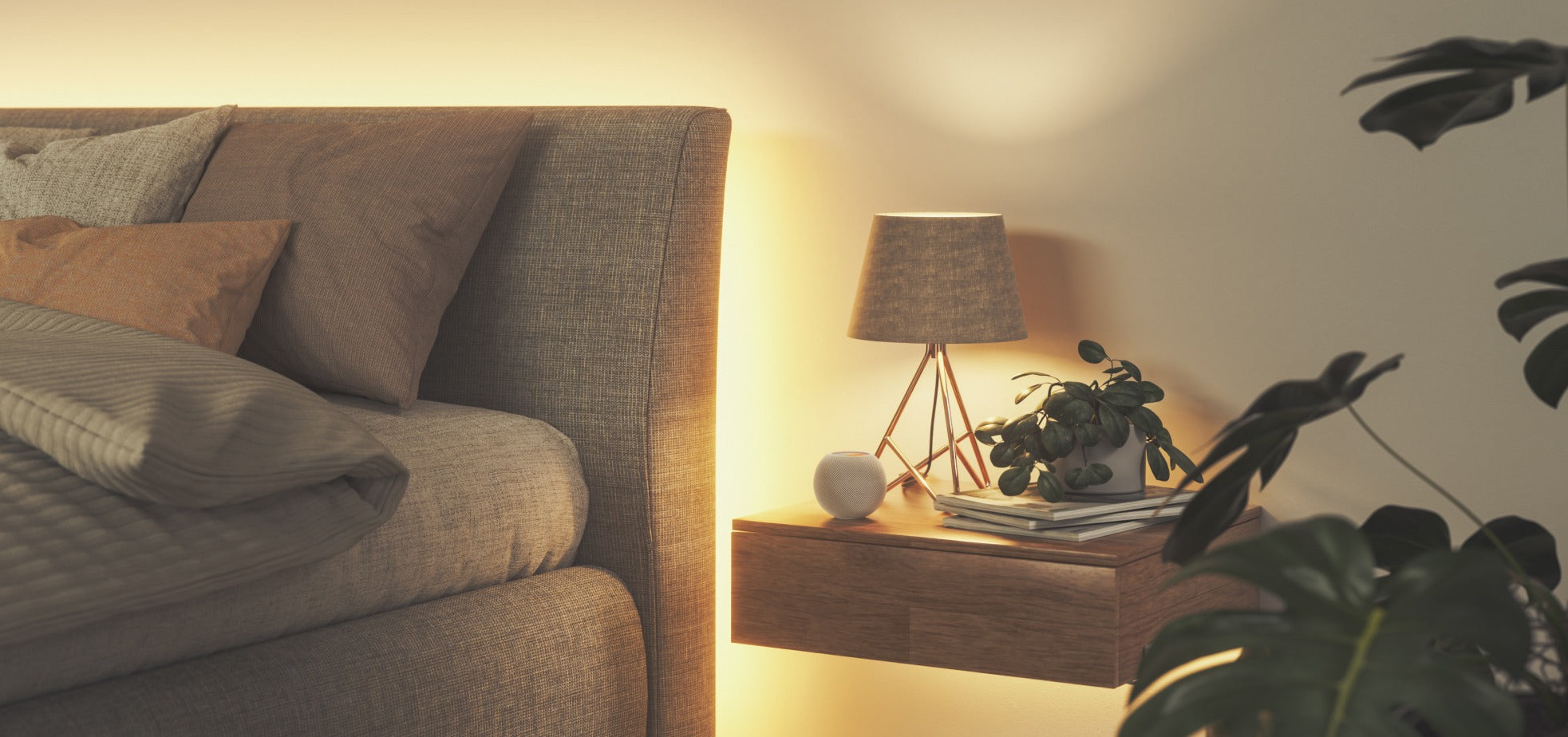 Nanoleaf Adaptive Lighting: Ist die Firmware 5.1.45 schon da? Nanoleaf Adaptive Lighting am Abend: Schlafzimmer mit warmweißem Licht neben einem HomePod mini