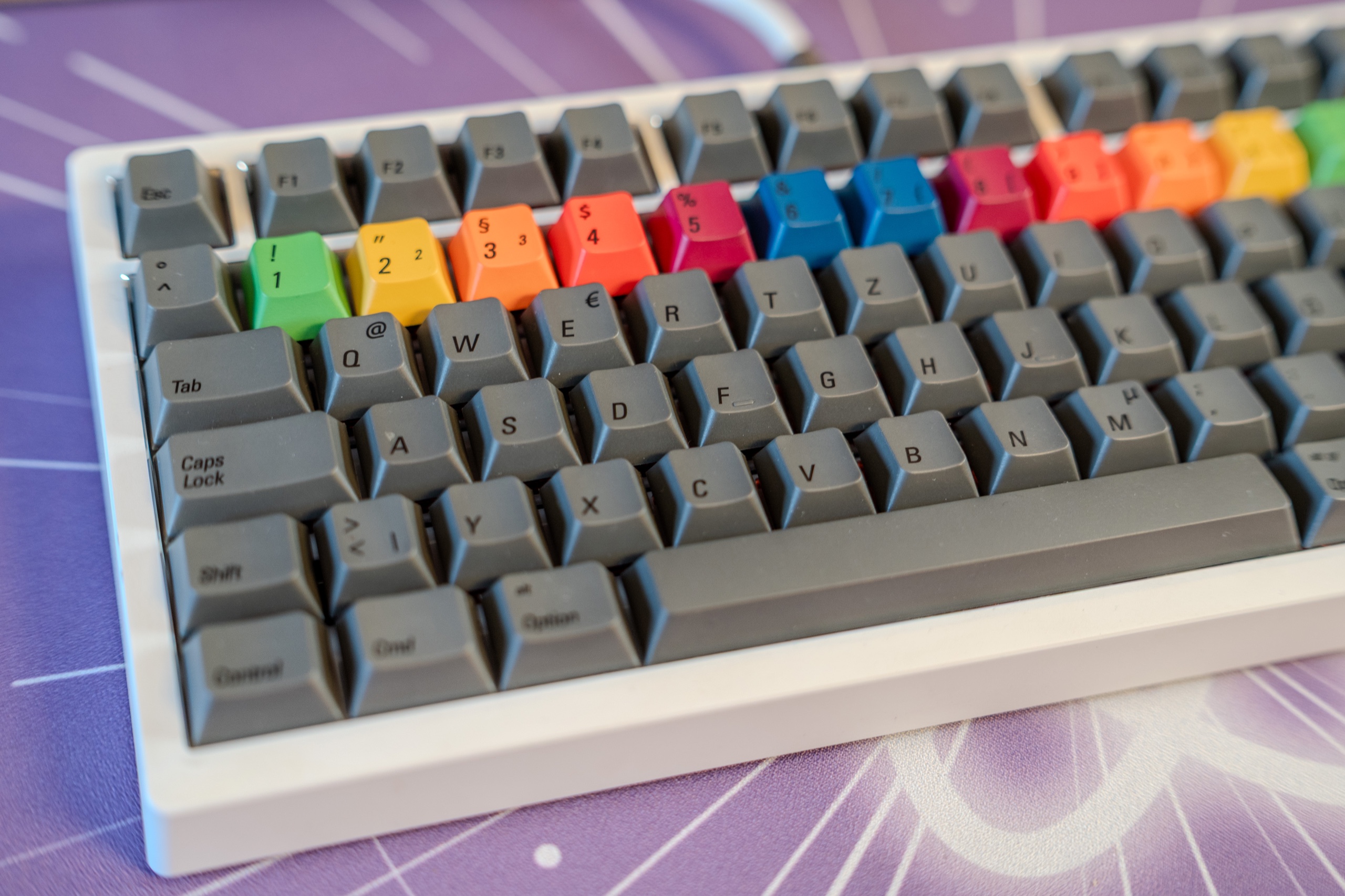 Nahaufnahme der schwarzen Dye-Sub-Legenden auf dunkelgrauem PBT beim PBTfans 1984 Dark, links die bunte Zahlenreihe