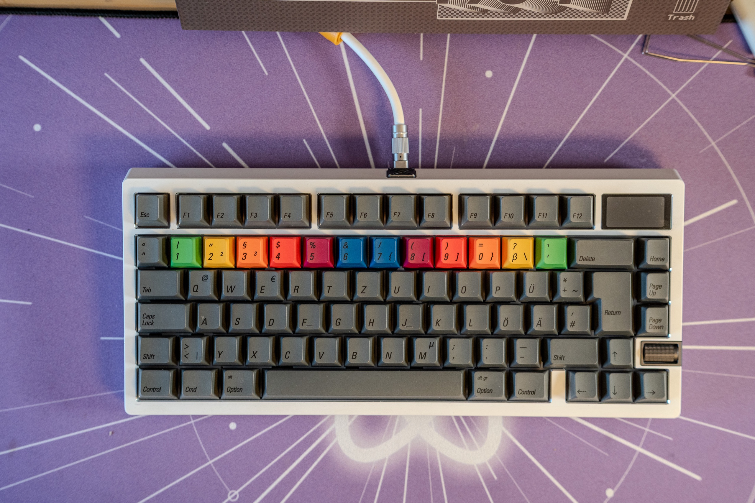 PBTfans 1984 Dark German Base in ISO-DE auf der Zoom75 TIGA E-White, Draufsicht auf der Atomic-Purple-Deskmat