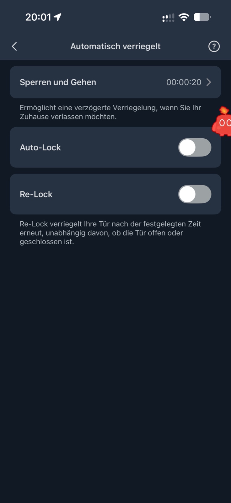 SwitchBot-App: Automatisch verriegelt mit Sperren und Gehen (20 Sekunden), Auto-Lock und Re-Lock ausgeschaltet