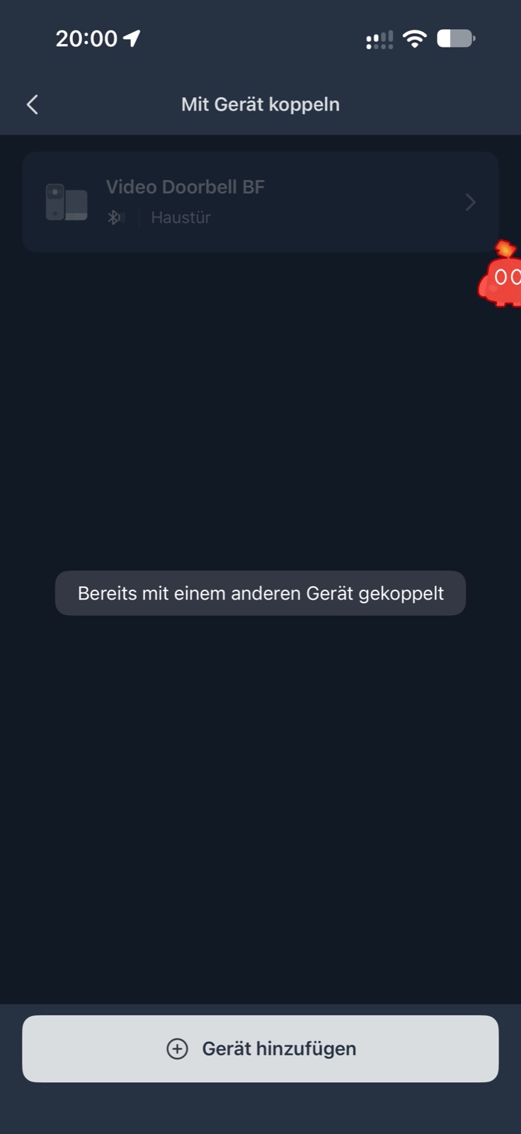SwitchBot-App beim Koppeln: die Video Doorbell ist ausgegraut, Meldung „Bereits mit einem anderen Gerät gekoppelt“