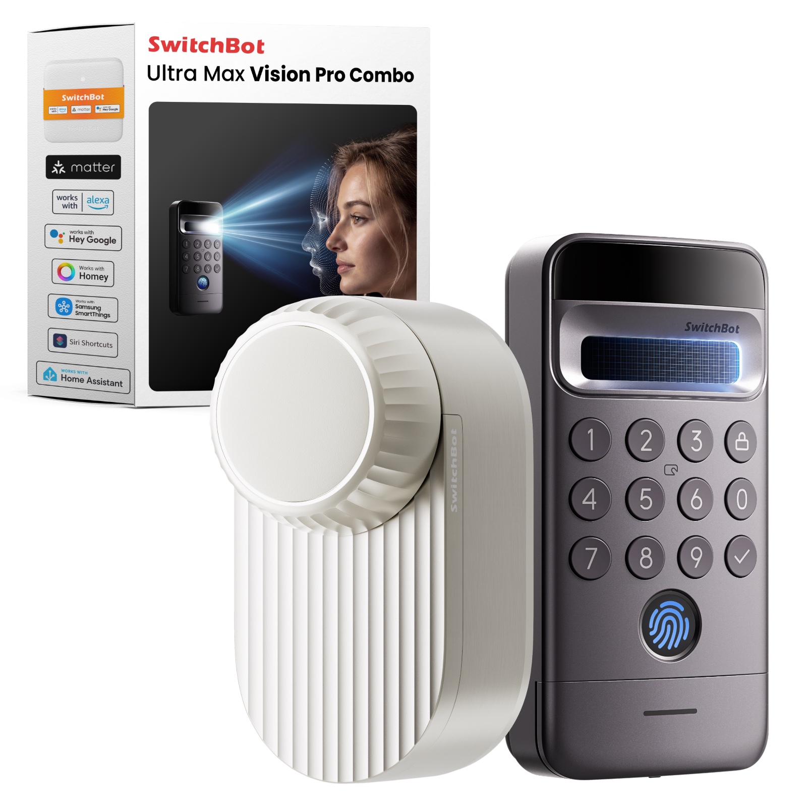 SwitchBot Lock Ultra Max Vision Pro Combo: Schloss, Keypad Vision Pro und Hub Mini Matter, Produktbild von SwitchBot