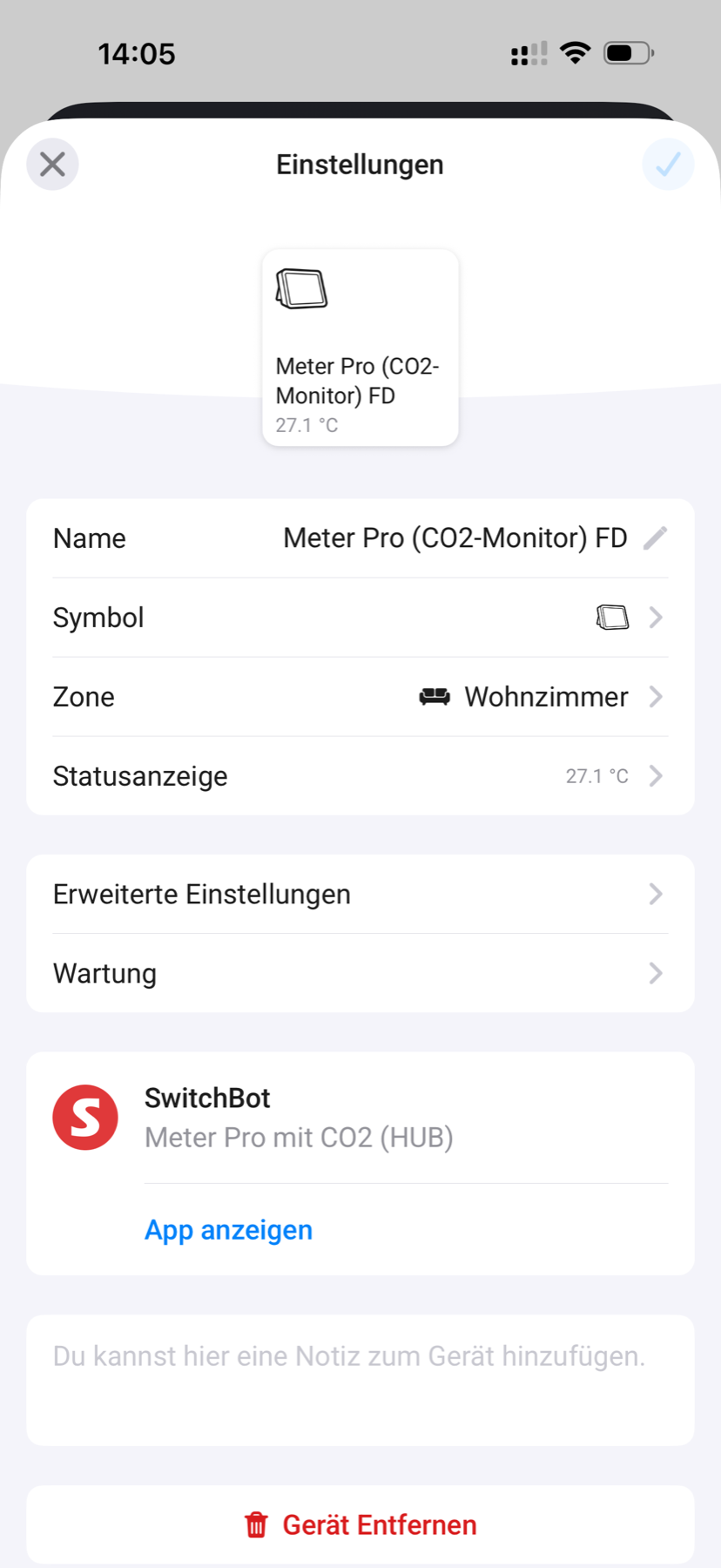 SwitchBot Meter Pro CO2 Test: Der Sensor, der einen sanft zum Lüften erzieht Homey-Einstellungen des Geräts mit dem Treiber Meter Pro mit CO2 (HUB) in der Zone Wohnzimmer