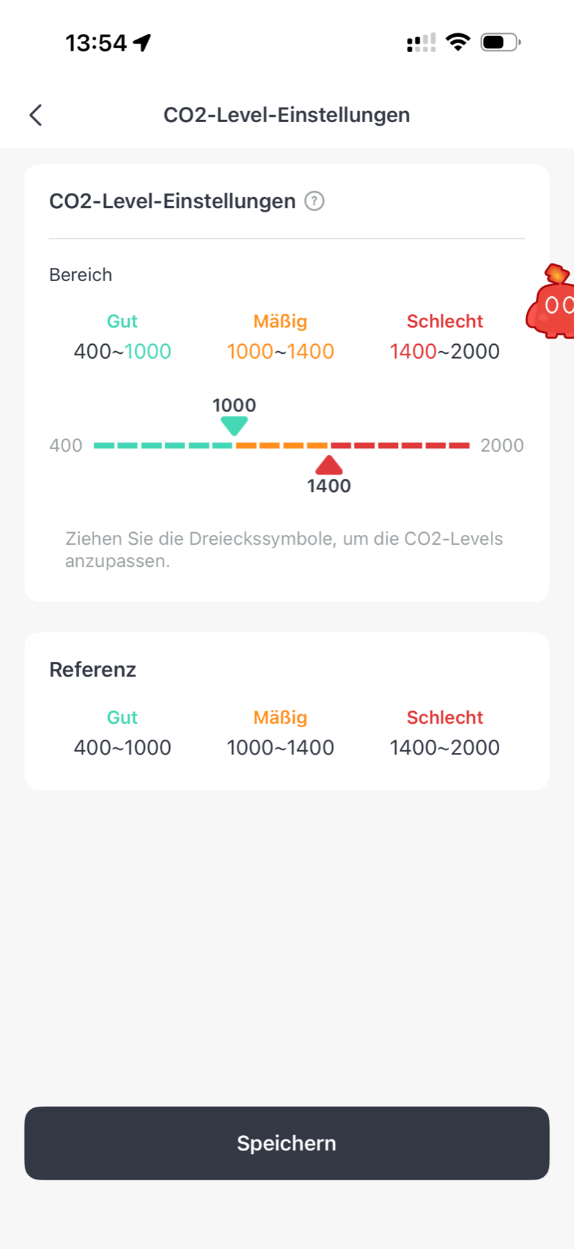 SwitchBot Meter Pro CO2 Test: Der Sensor, der einen sanft zum Lüften erzieht CO2-Level-Einstellungen: gut bis 1000 ppm, mäßig bis 1400 ppm, schlecht bis 2000 ppm