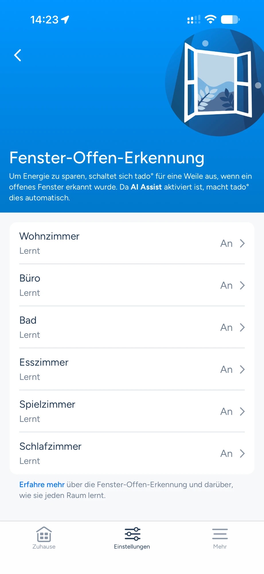 tado Fenster-offen-Erkennung: KI lernt, Schimmelindex fehlt tado Fenster-offen-Erkennung in der App: Wohnzimmer, Büro, Bad, Esszimmer, Spielzimmer und Schlafzimmer stehen auf An und Lernt