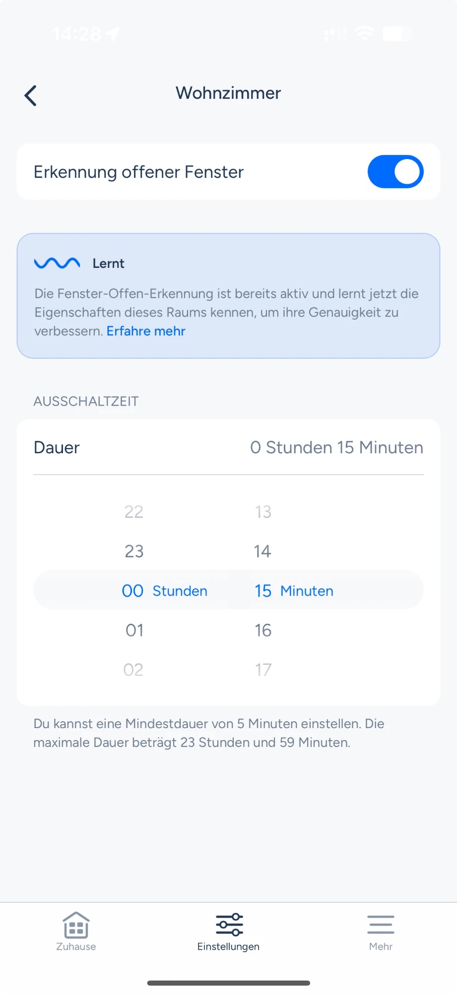 tado Fenster-offen-Erkennung: KI lernt, Schimmelindex fehlt tado Fenster-offen-Erkennung im Wohnzimmer: Hinweis Lernt und Ausschaltzeit von 15 Minuten